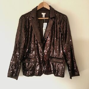 Chico's Shining Tuxe Sheron Jacket Blazer Sz 1 Timberglass Brown Allover Sequin